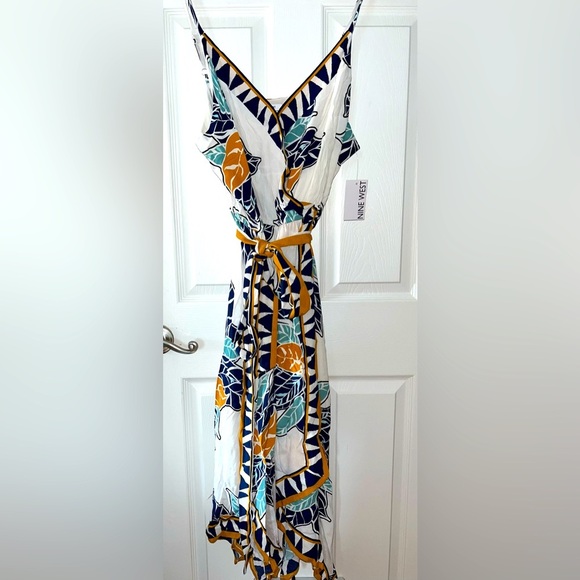 Nine West Asymmetrical Belted Dress in Blue and Yellow XL NWT - Picture 1 of 7